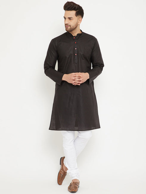 Vastramay Men's Black And White Cotton Kurta Churidar Set